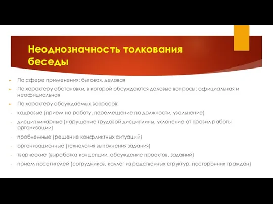 Неоднозначность толкования беседы По сфере применения: бытовая, деловая По характеру обстановки,