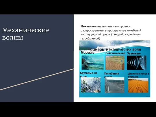 Механические волны Механические волны - это процесс распространения в пространстве колебаний