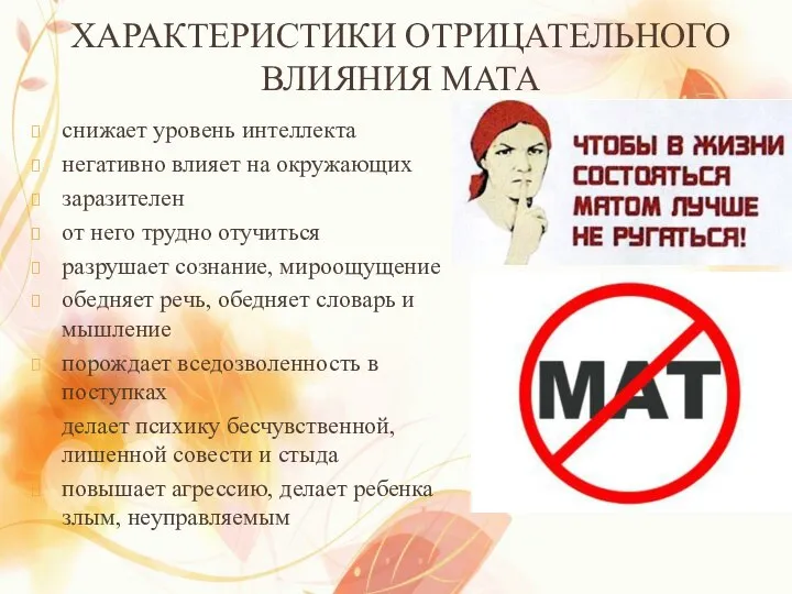 ХАРАКТЕРИСТИКИ ОТРИЦАТЕЛЬНОГО ВЛИЯНИЯ МАТА снижает уровень интеллекта негативно влияет на окружающих