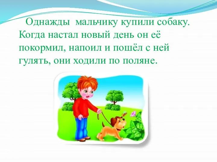 Однажды мальчику купили собаку. Когда настал новый день он её покормил,