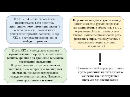 Промышленный переворот привел к утверждению капитализма в качестве господствующей системы хозяйствования.