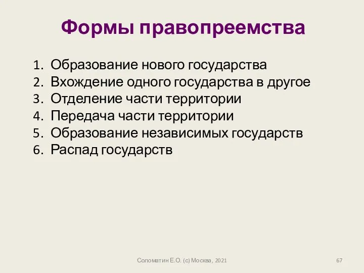 Соломатин Е.О. (с) Москва, 2021 Формы правопреемства Образование нового государства Вхождение