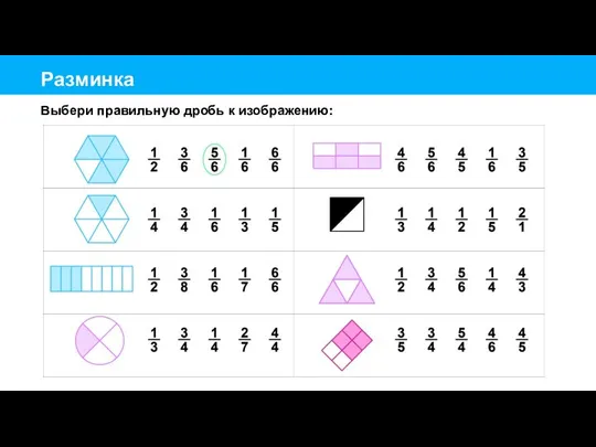 Разминка Выбери правильную дробь к изображению:
