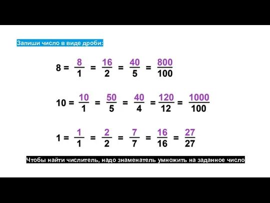 Запиши число в виде дроби: Чтобы найти числитель, надо знаменатель умножить на заданное число