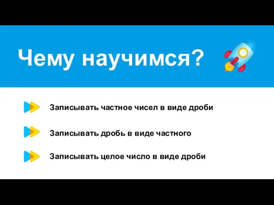 Чему научимся? Записывать частное чисел в виде дроби Записывать дробь в