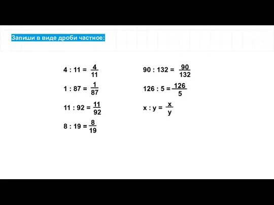 Запиши в виде дроби частное: 4 : 11 = 1 :