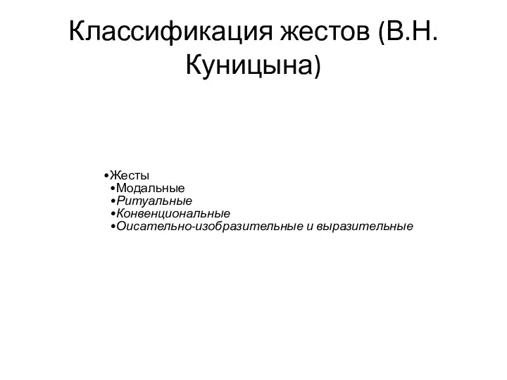 Классификация жестов (В.Н. Куницына) Жесты Модальные Ритуальные Конвенциональные Оисательно-изобразительные и выразительные