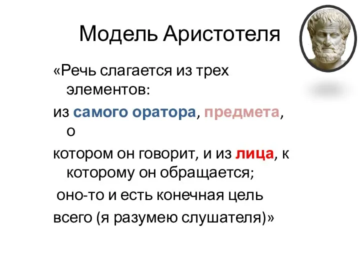 Модель Аристотеля «Речь слагается из трех элементов: из самого оратора, предмета,