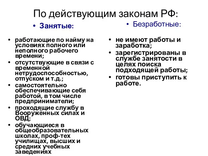 По действующим законам РФ: Занятые: работающие по найму на условиях полного