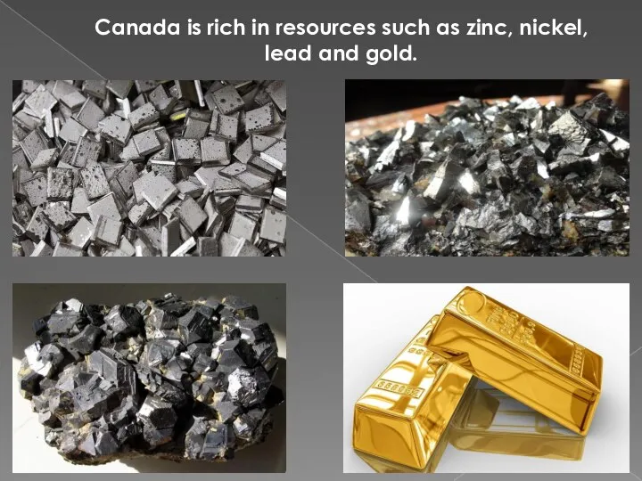 Canada is rich in resources such as zinc, nickel, lead and gold.
