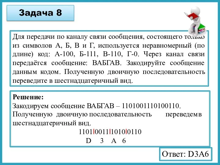 Ответ: D3A6 Для передачи по каналу связи сообщения, состоящего только из