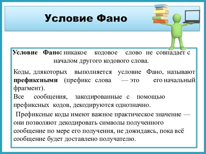 Условие Фано: никакое кодовое слово не совпадает с началом другого кодового