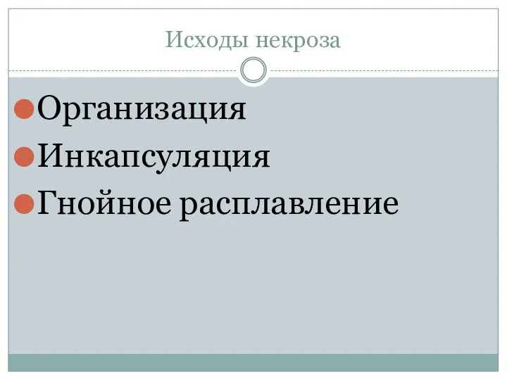 Исходы некроза Организация Инкапсуляция Гнойное расплавление