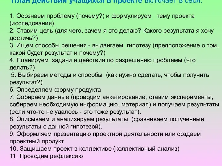 План действий учащихся в проекте включает в себя: 1. Осознаем проблему