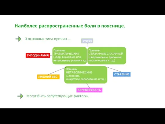 Наиболее распространенные боли в пояснице. Могут быть сопутствующие факторы. International training