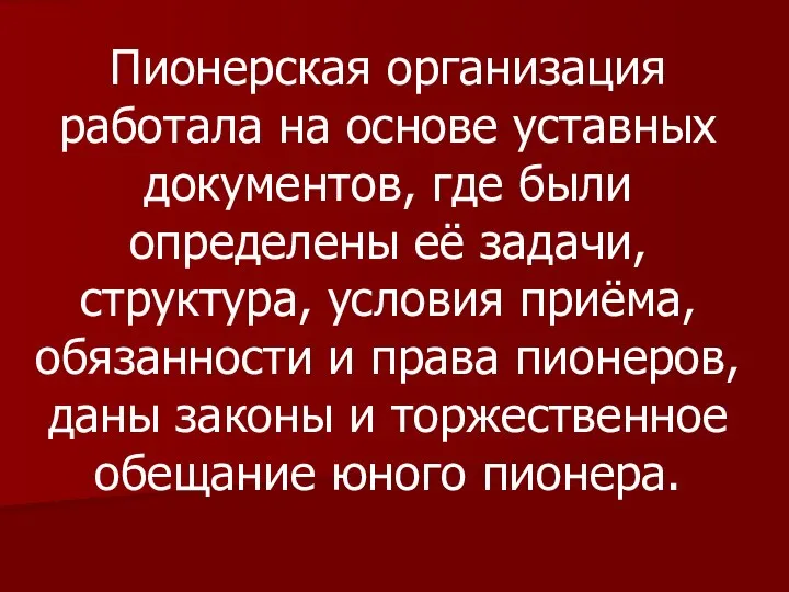 Пионерская организация работала на основе уставных документов, где были определены её