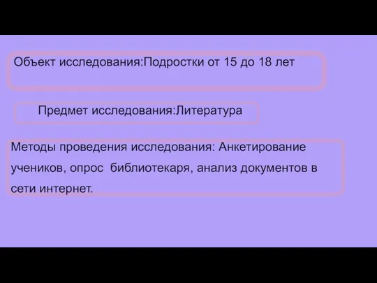 Предмет исследования:Литература Методы проведения исследования: Анкетирование учеников, опрос библиотекаря, анализ документов