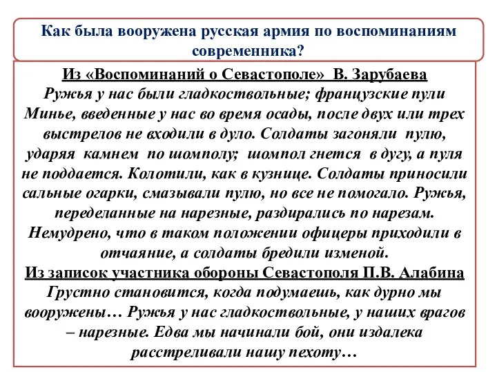 Из «Воспоминаний о Севастополе» В. Зарубаева Ружья у нас были гладкоствольные;