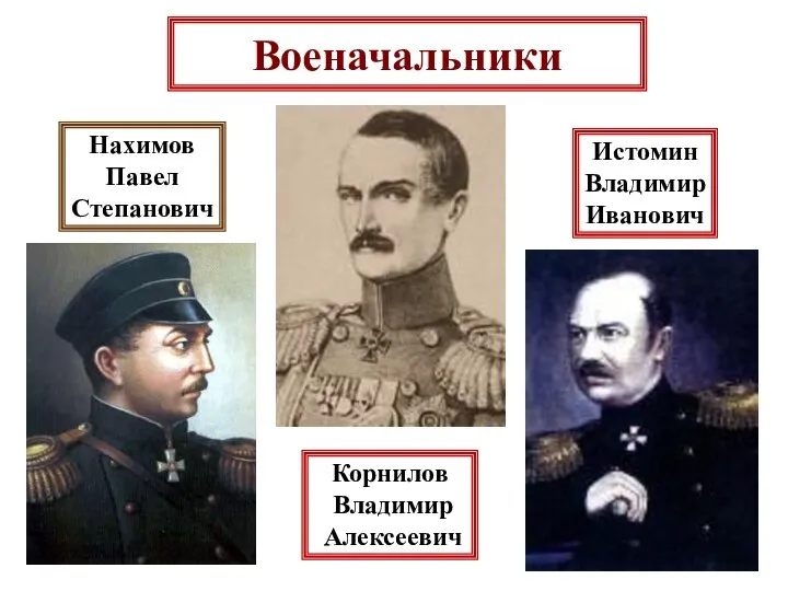 Военачальники Корнилов Владимир Алексеевич Истомин Владимир Иванович Нахимов Павел Степанович