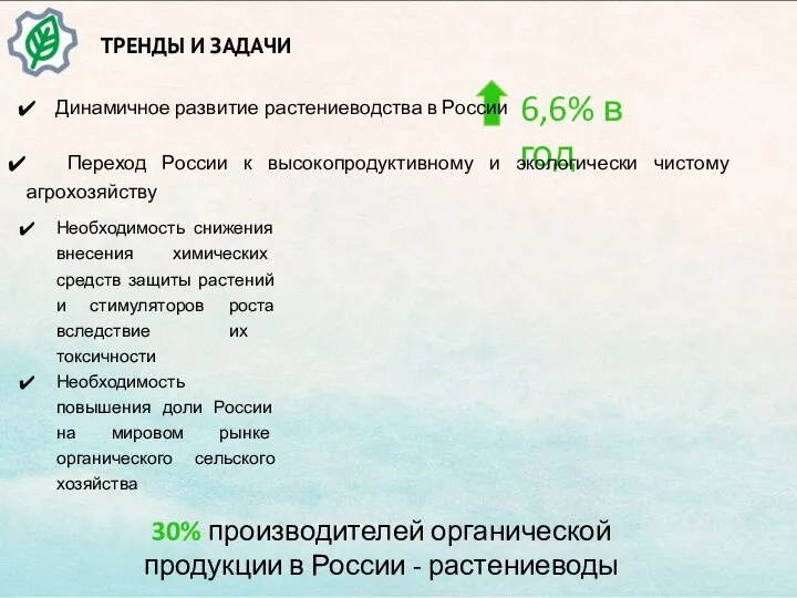 ТРЕНДЫ И ЗАДАЧИ Необходимость снижения внесения химических средств защиты растений и