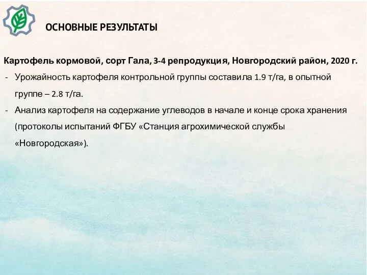 ОСНОВНЫЕ РЕЗУЛЬТАТЫ Картофель кормовой, сорт Гала, 3-4 репродукция, Новгородский район, 2020