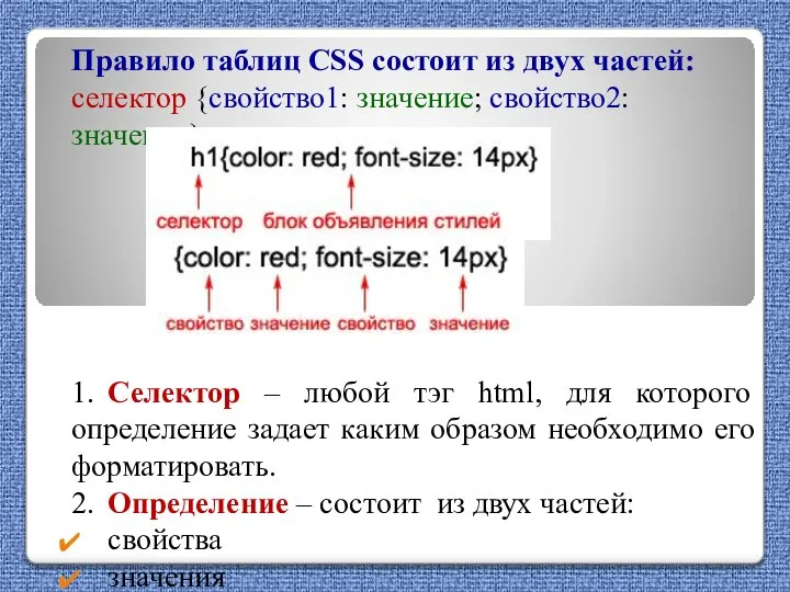 Правило таблиц CSS состоит из двух частей: селектор {свойство1: значение; свойство2: