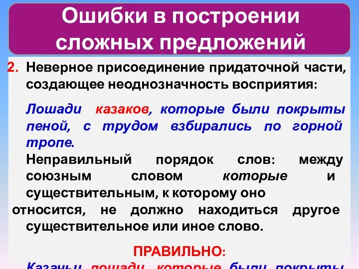 Ошибки в построении сложных предложений Неверное присоединение придаточной части, создающее неоднозначность