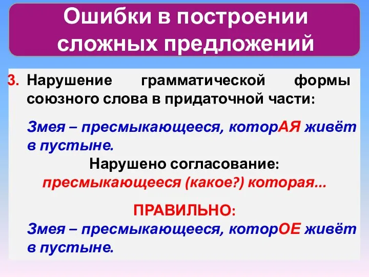 Ошибки в построении сложных предложений Нарушение грамматической формы союзного слова в