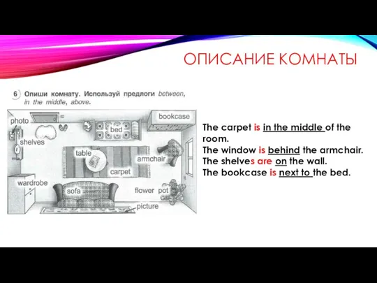 ОПИСАНИЕ КОМНАТЫ The carpet is in the middle of the room.