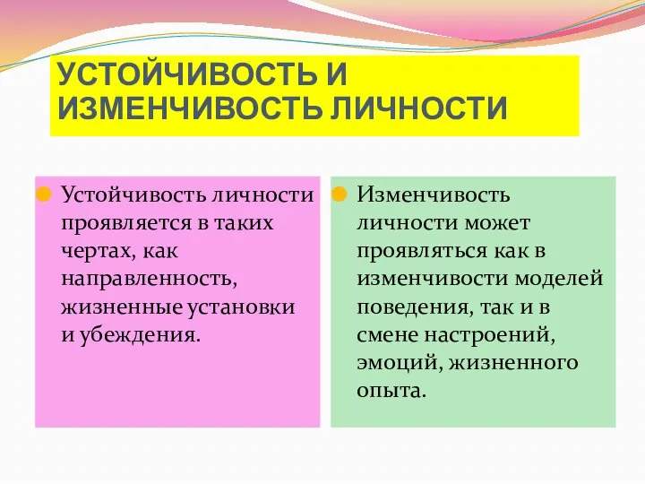 УСТОЙЧИВОСТЬ И ИЗМЕНЧИВОСТЬ ЛИЧНОСТИ Устойчивость личности проявляется в таких чертах, как