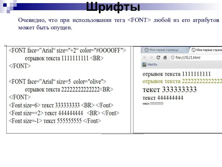 Шрифты Очевидно, что при использовании тега любой из его атрибутов может быть опущен.