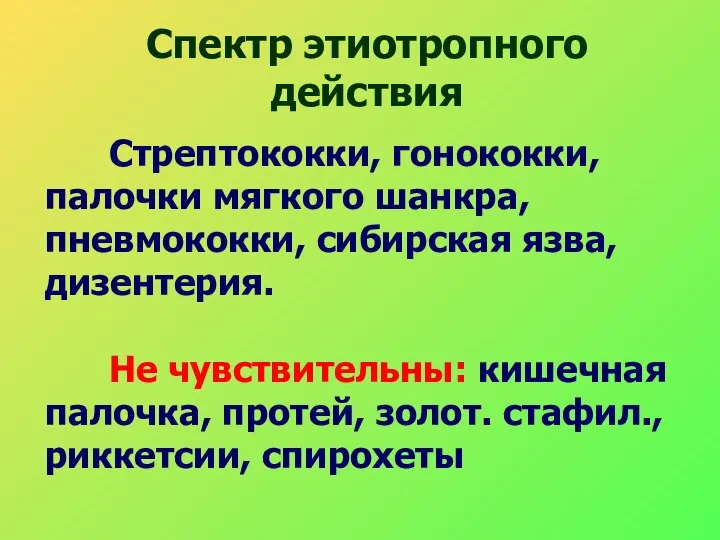 Спектр этиотропного действия Стрептококки, гонококки, палочки мягкого шанкра, пневмококки, сибирская язва,