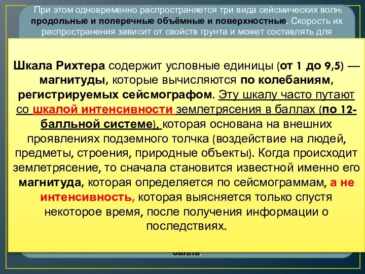 При этом одновременно распространяется три вида сейсмических волн: продольные и поперечные