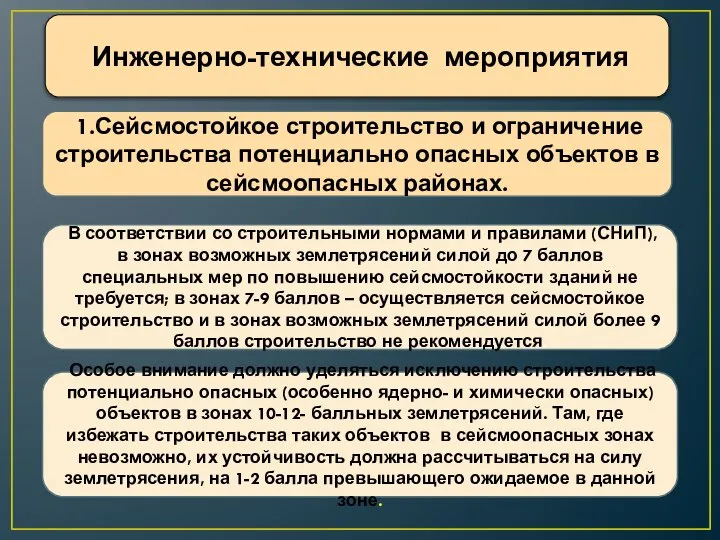 Инженерно-технические мероприятия 1.Сейсмостойкое строительство и ограничение строительства потенциально опасных объектов в