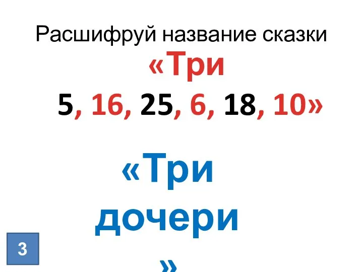 «Три 5, 16, 25, 6, 18, 10» «Три дочери» 3 Расшифруй название сказки