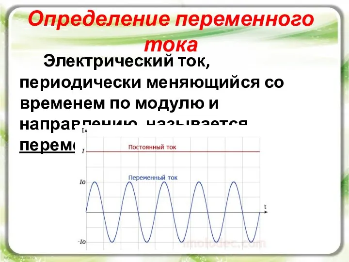 Определение переменного тока Электрический ток, периодически меняющийся со временем по модулю и направлению, называется переменным током.