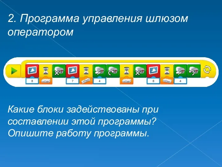 2. Программа управления шлюзом оператором Какие блоки задействованы при составлении этой программы? Опишите работу программы.