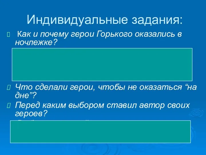 Индивидуальные задания: Как и почему герои Горького оказались в ночлежке? Автор