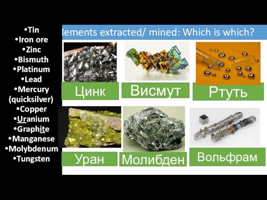 Elements extracted/ mined: Which is which? Tin Iron ore Zinc Bismuth