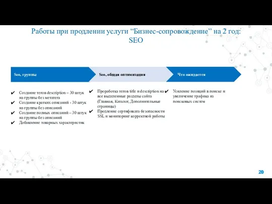 Работы при продлении услуги “Бизнес-сопровождение” на 2 год: SEO Seo, группы