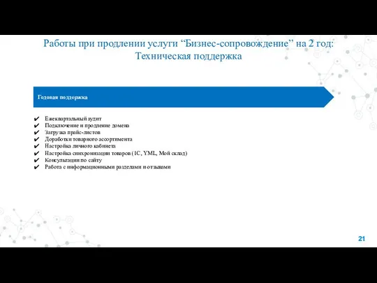 Годовая поддержка Ежеквартальный аудит Подключение и продление домена Загрузка прайс-листов Доработки