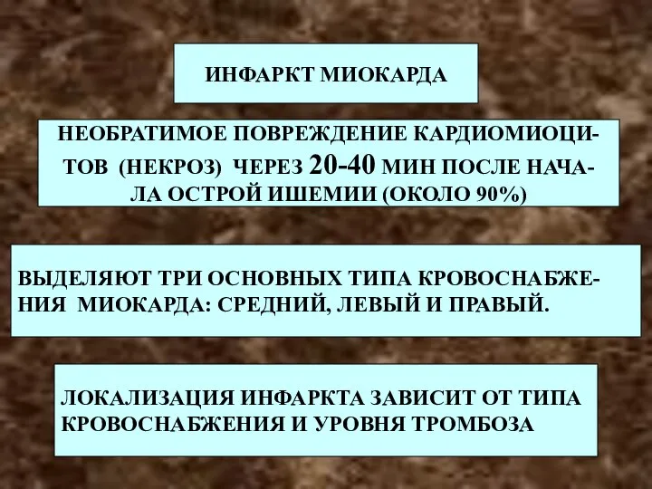 ЛОКАЛИЗАЦИЯ ИНФАРКТА ЗАВИСИТ ОТ ТИПА КРОВОСНАБЖЕНИЯ И УРОВНЯ ТРОМБОЗА ВЫДЕЛЯЮТ ТРИ