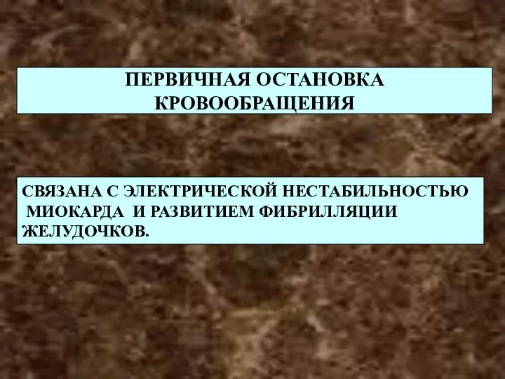 ПЕРВИЧНАЯ ОСТАНОВКА КРОВООБРАЩЕНИЯ СВЯЗАНА С ЭЛЕКТРИЧЕСКОЙ НЕСТАБИЛЬНОСТЬЮ МИОКАРДА И РАЗВИТИЕМ ФИБРИЛЛЯЦИИ ЖЕЛУДОЧКОВ.