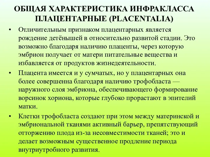 Отличительным признаком плацентарных является рождение детёнышей в относительно развитой стадии. Это