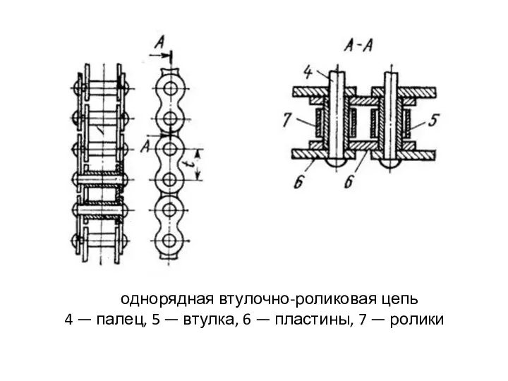 однорядная втулочно-роликовая цепь 4 — палец, 5 — втулка, 6 — пластины, 7 — ролики