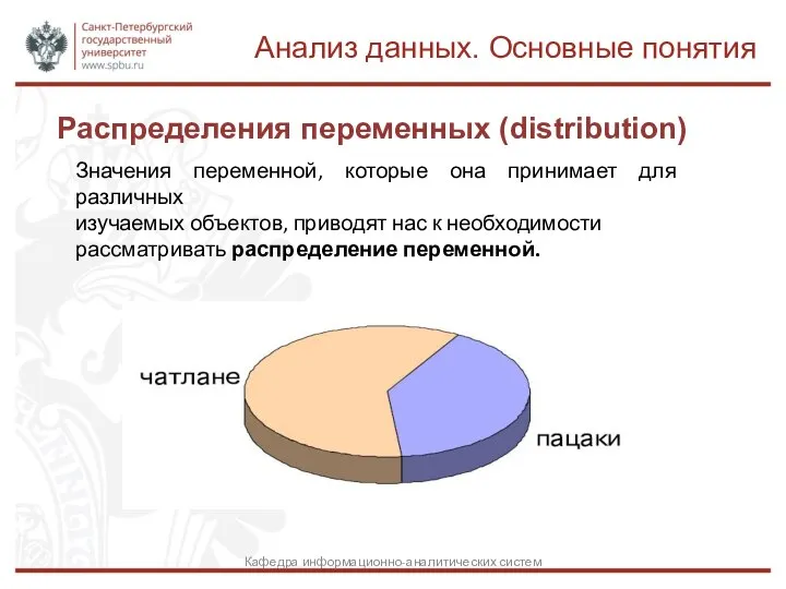 Распределения переменных (distribution) Анализ данных. Основные понятия Кафедра информационно-аналитических систем Значения