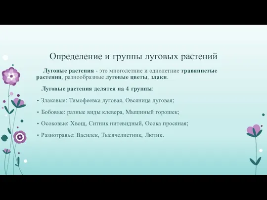 Определение и группы луговых растений Луговые растения - это многолетние и