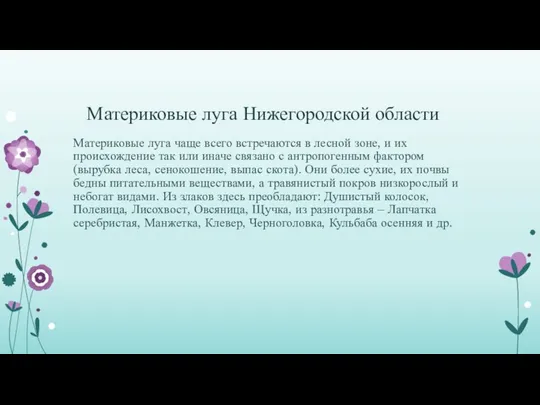 Материковые луга Нижегородской области Материковые луга чаще всего встречаются в лесной