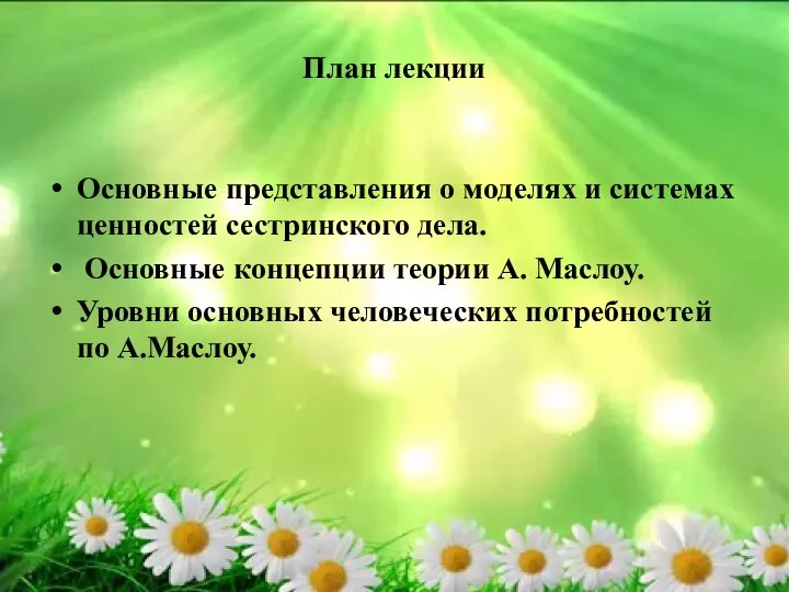 План лекции Основные представления о моделях и системах ценностей сестринского дела.