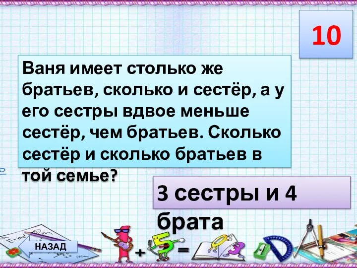 10 НАЗАД Ваня имеет столько же братьев, сколько и сестёр, а